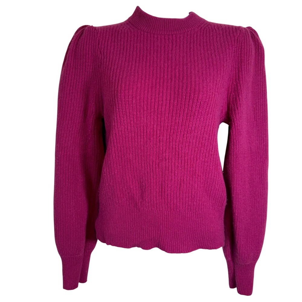 J Crew 100% Cashmere Mock Neck Puff‎ Sleeve Sweater Magenta Pink Sz M Luxury